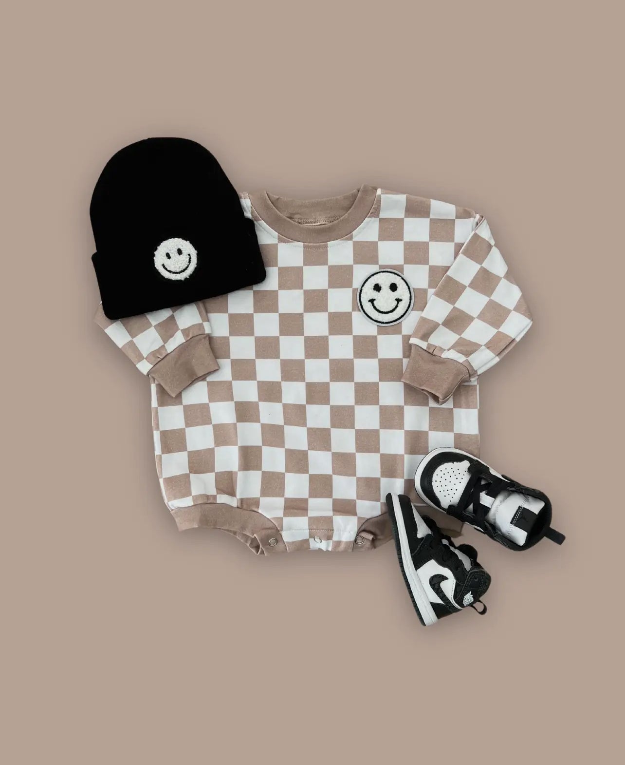 Baby Unisex Checkered Smiley Latte Long Sleeve Bubble Romper