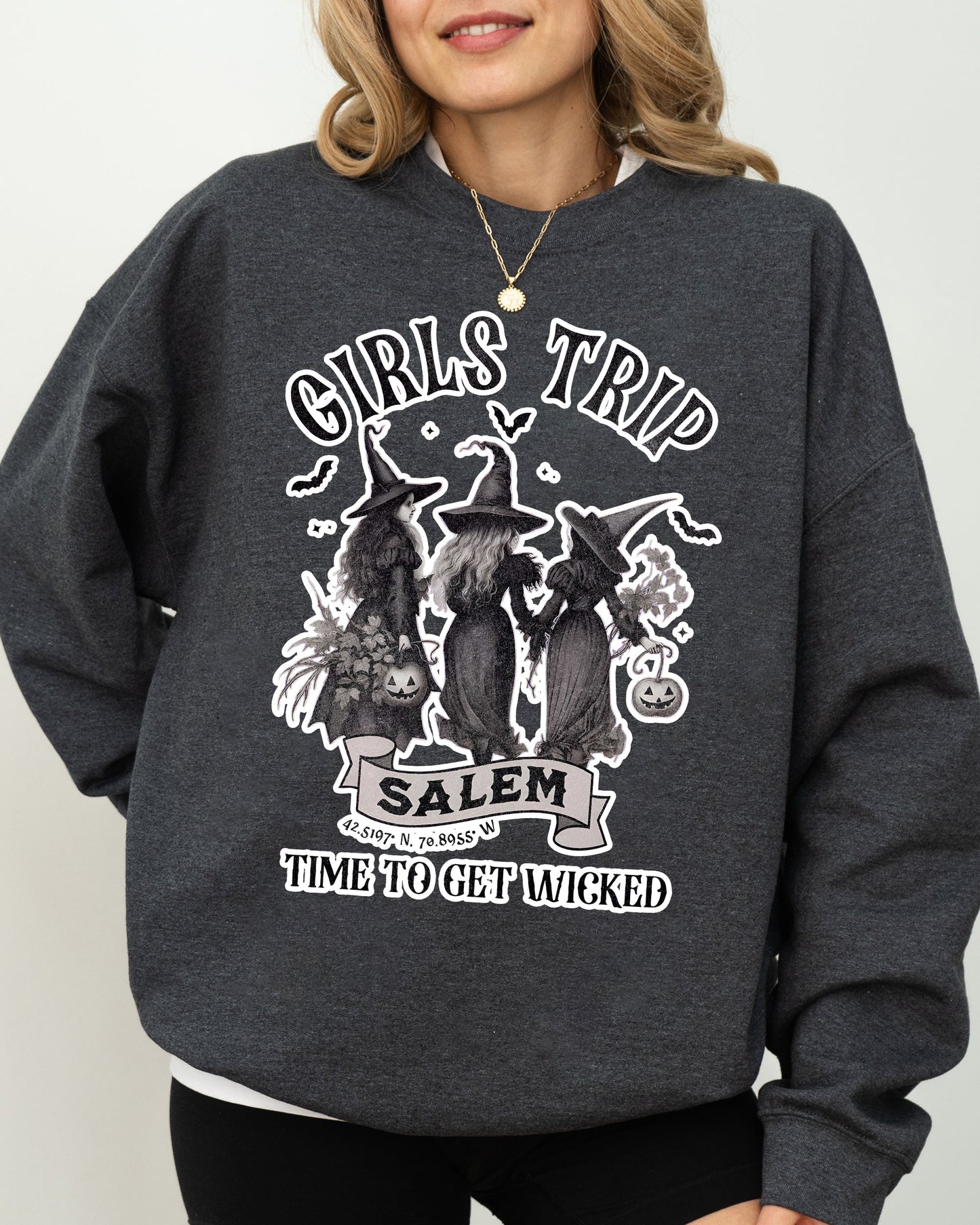 Girls Trip Salem Skeleton Witch Skull Halloween Spooky Meme Graveyard Goth Party Ready Sweatshirt