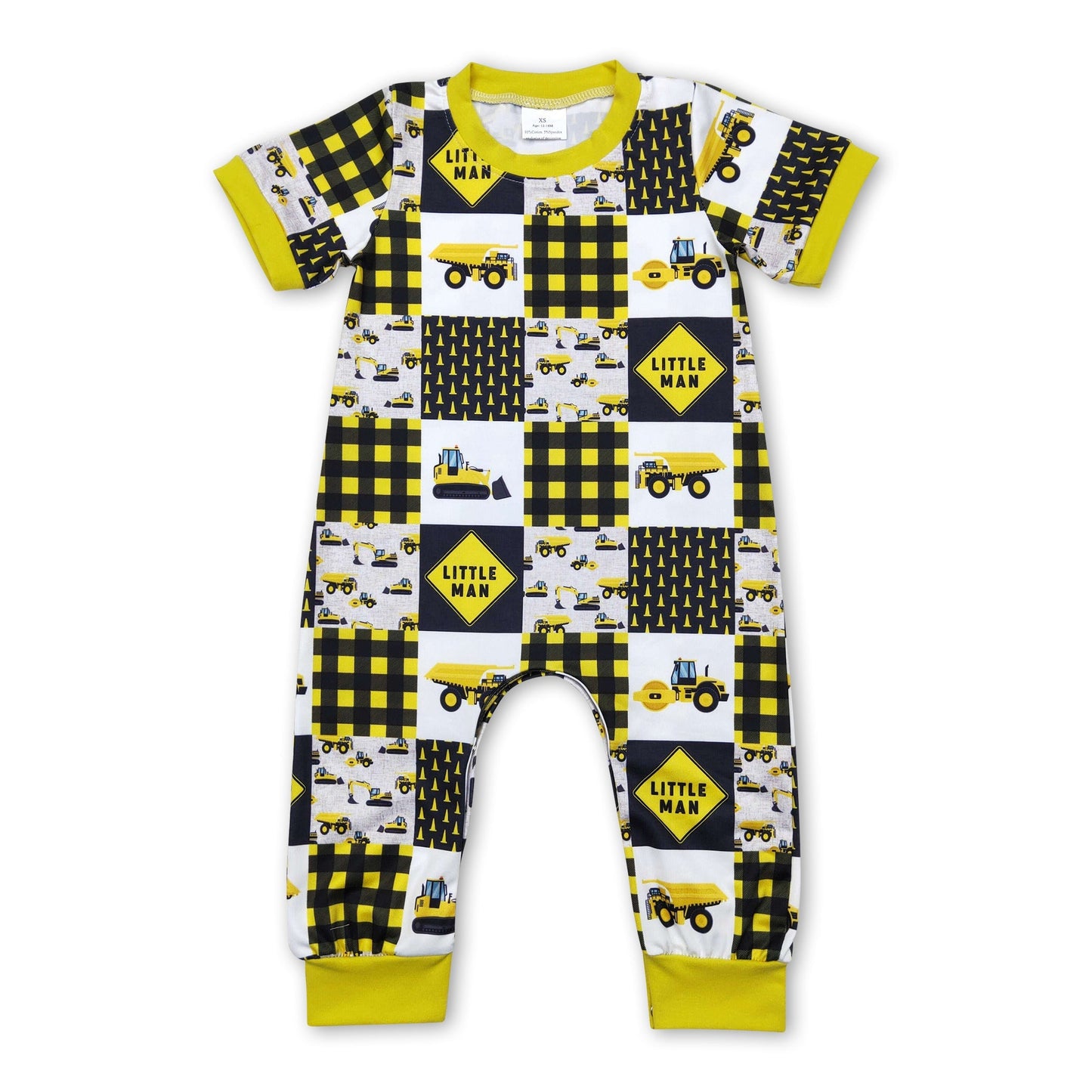 Baby Boy Yellow Plaid Construction Print Romper | Little Man