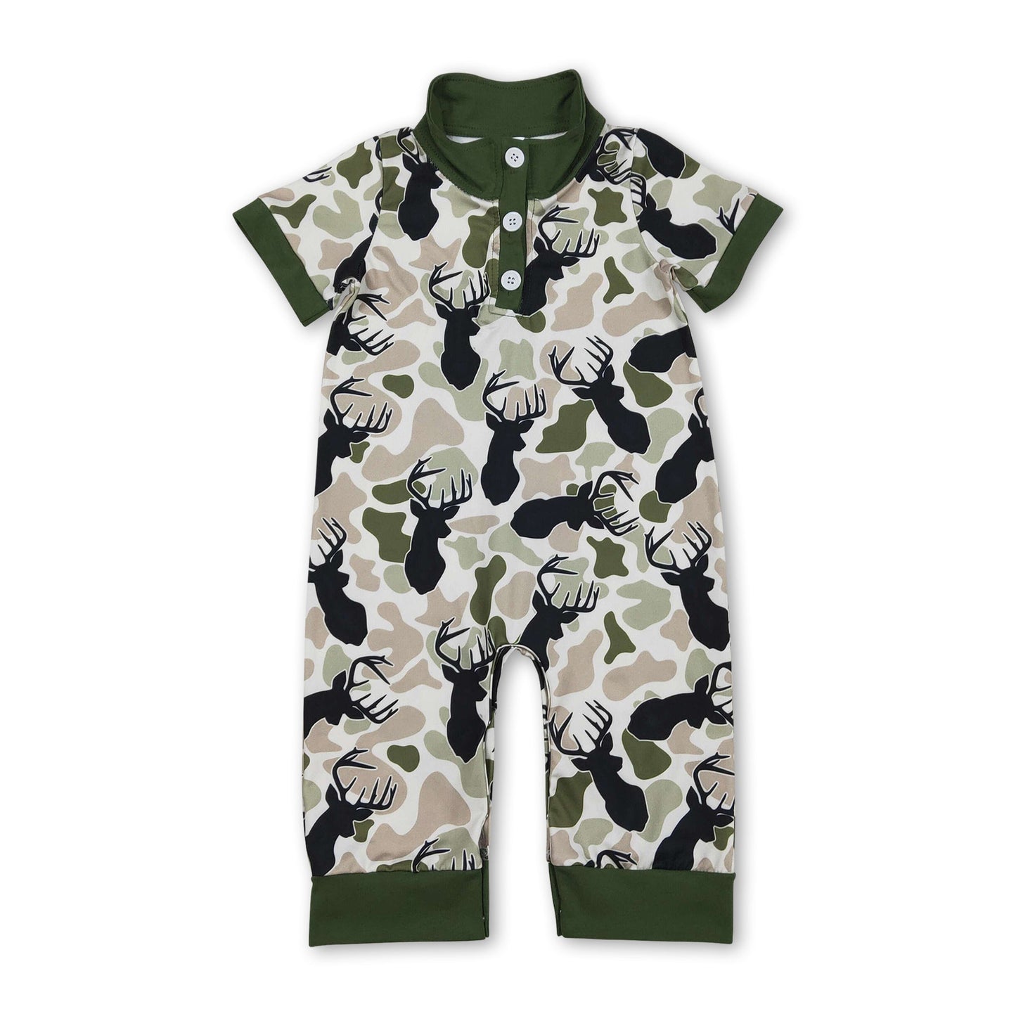 Green Camo Deer Baby Boy Polo Romper | Short Sleeve Infant Outfit