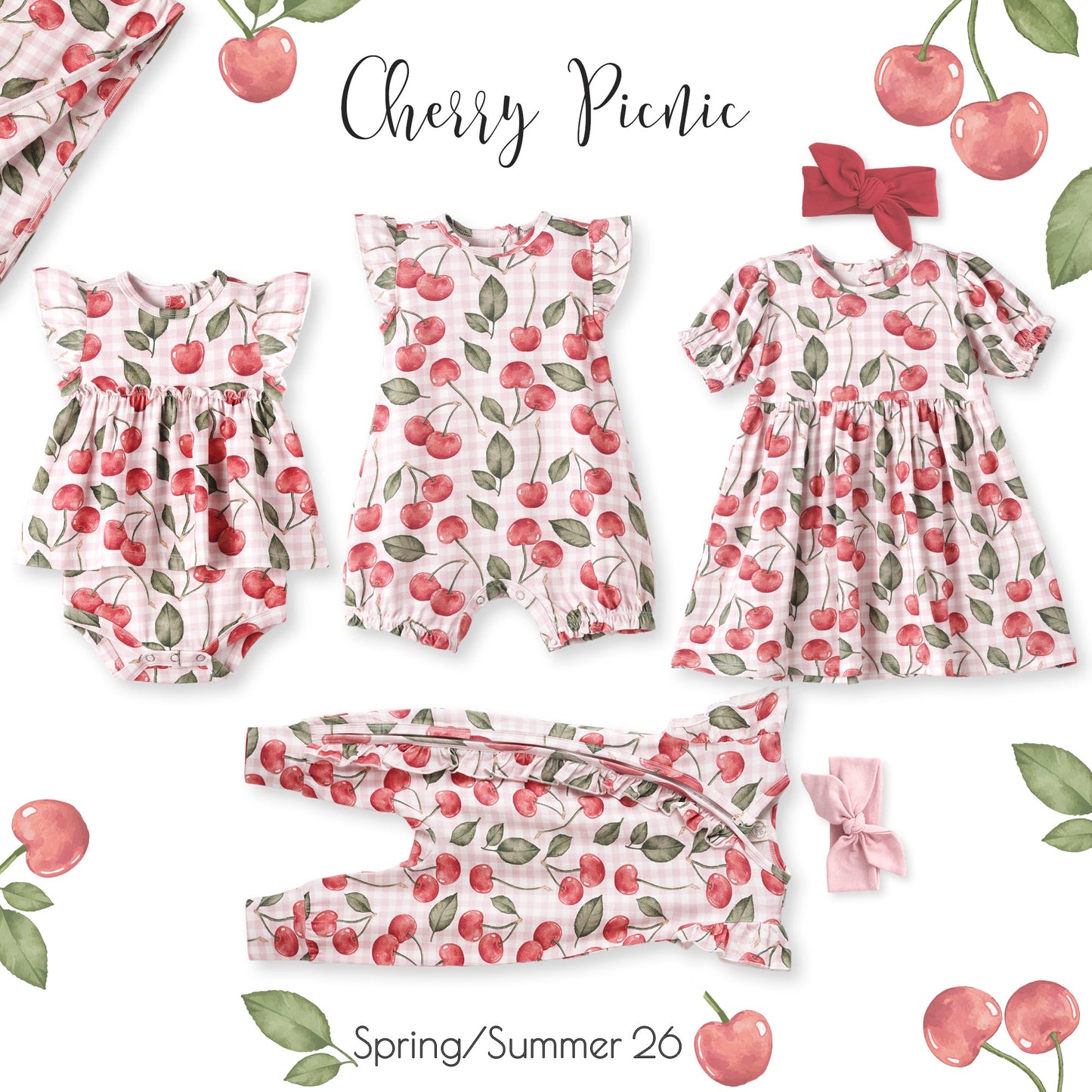 Baby Girls Cherry Picnic Gingham Bamboo Bubble Romper