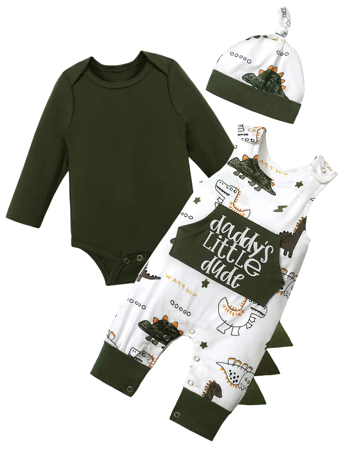 Aulyffo Baby Boy Clothes 3-6 Months Infant Boy Clothes 3Pcs Baby Boy Outfits Long Sleeve Green Baby Boy Romper Dinosaur Clothes Baby Boy Overalls with Hat - # BAAA51210025