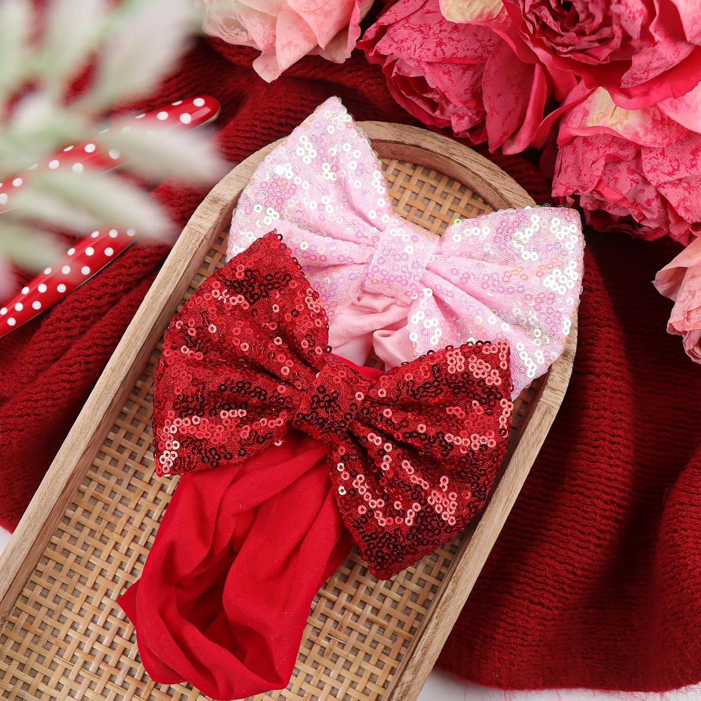 Valentines Day Pink Bows for Girls Sequins Large Bows Red Headband Toddler Glitter Hair Bow Hair Accessories Pink Headband Bows Infant