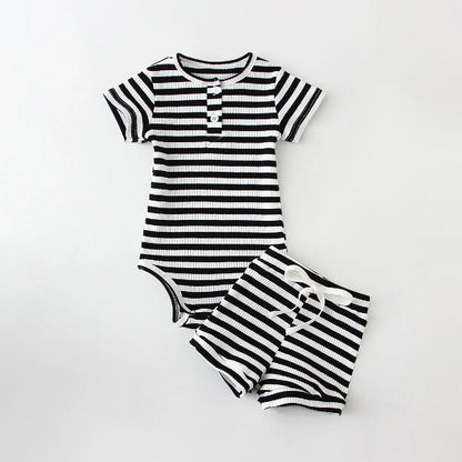 Boys Summer Short Sleeve Top & Shorts Set | Stripe & Solid Colors