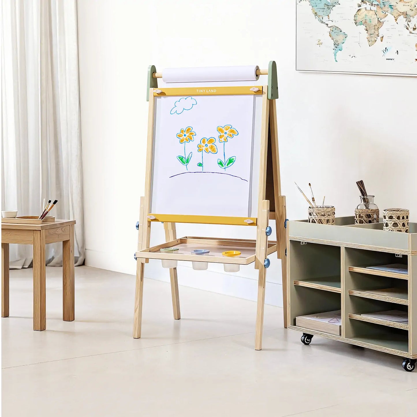 Tiny Land® 3-in-1 Kids Art Easel – Double-Sided Chalkboard & Magnetic Whiteboard with 2 Paper Rolls