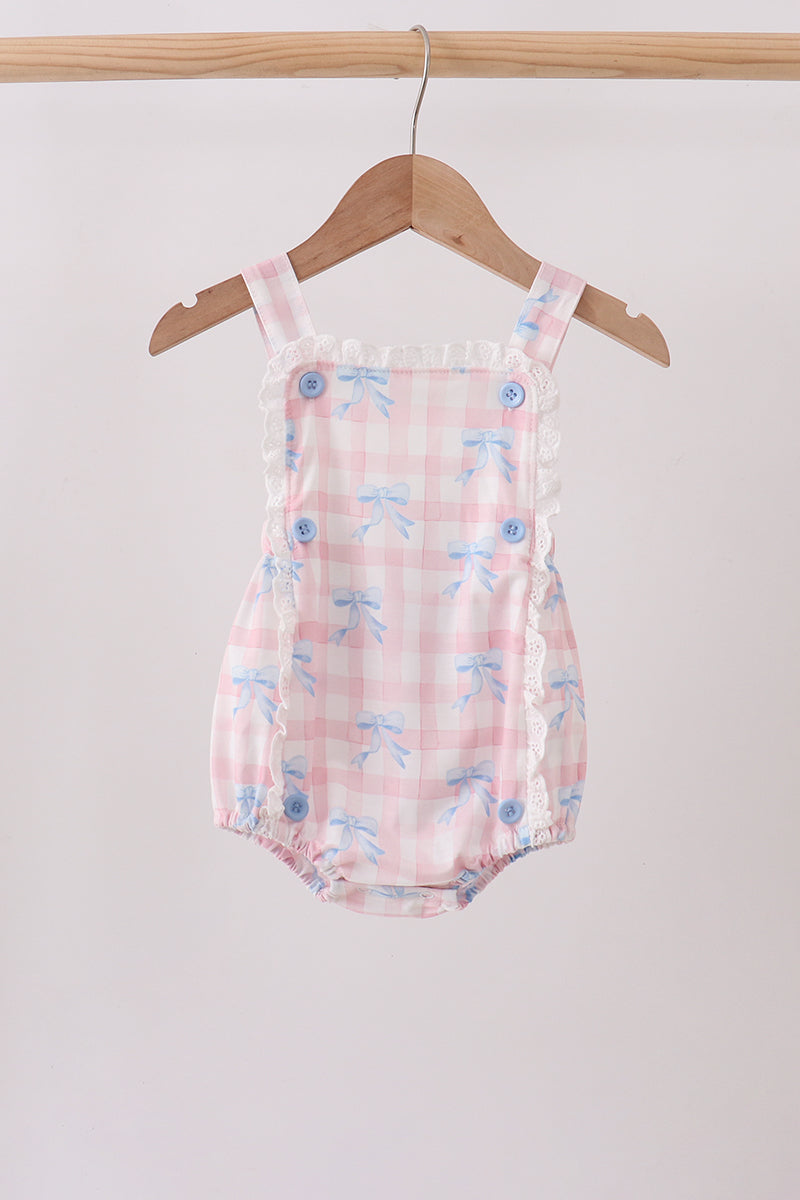 Girls Pink Gingham Bow Print Lace Bubble Romper