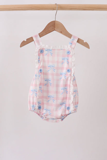 Girls Pink Gingham Bow Print Lace Bubble Romper