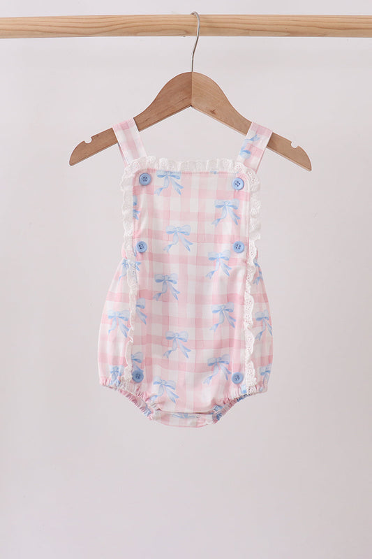 Girls Pink Gingham Bow Print Lace Bubble Romper