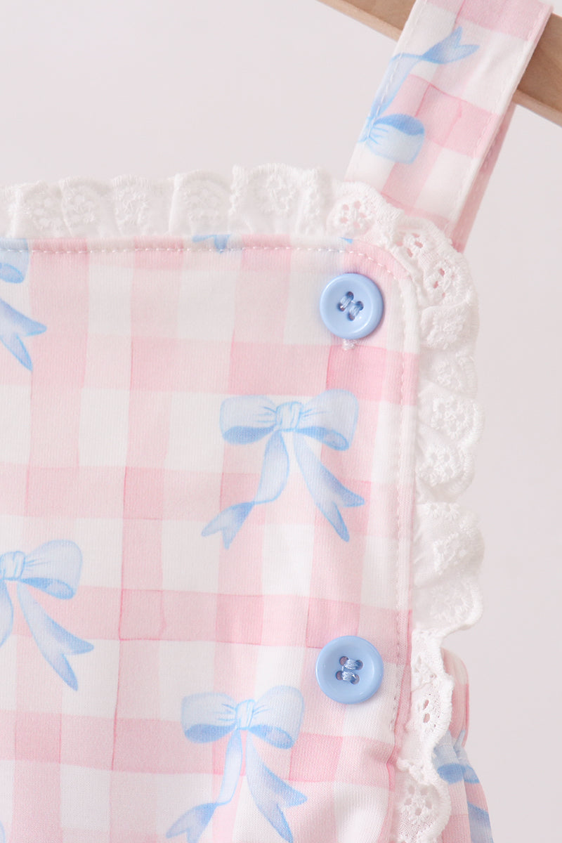Girls Pink Gingham Bow Print Lace Bubble Romper