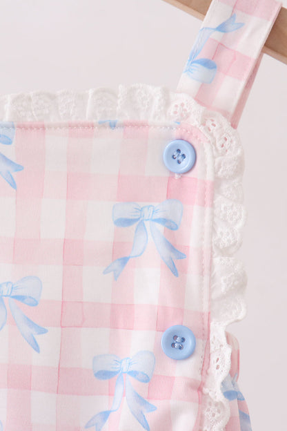 Girls Pink Gingham Bow Print Lace Bubble Romper