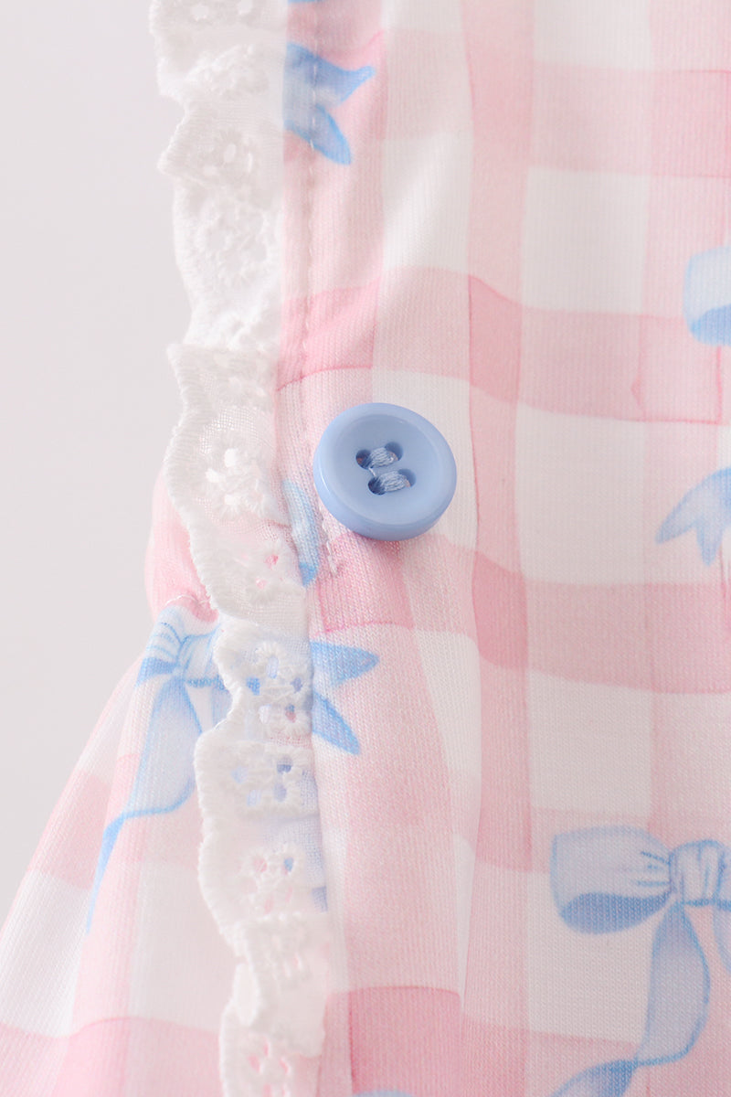 Girls Pink Gingham Bow Print Lace Bubble Romper
