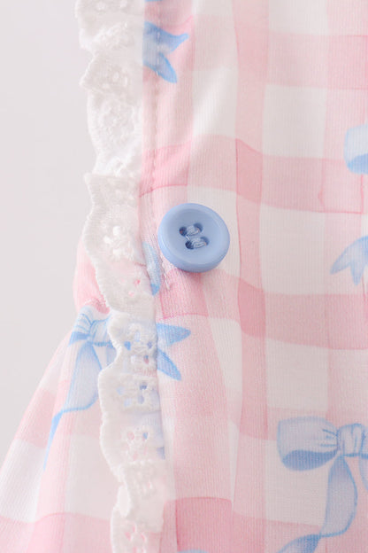 Girls Pink Gingham Bow Print Lace Bubble Romper