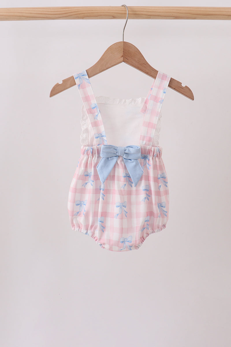 Girls Pink Gingham Bow Print Lace Bubble Romper