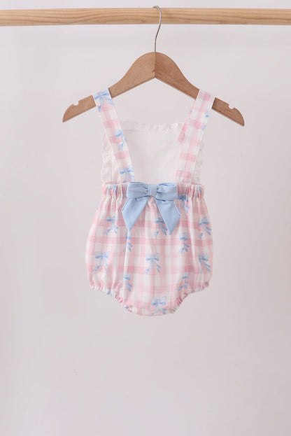 Girls Pink Gingham Bow Print Lace Bubble Romper