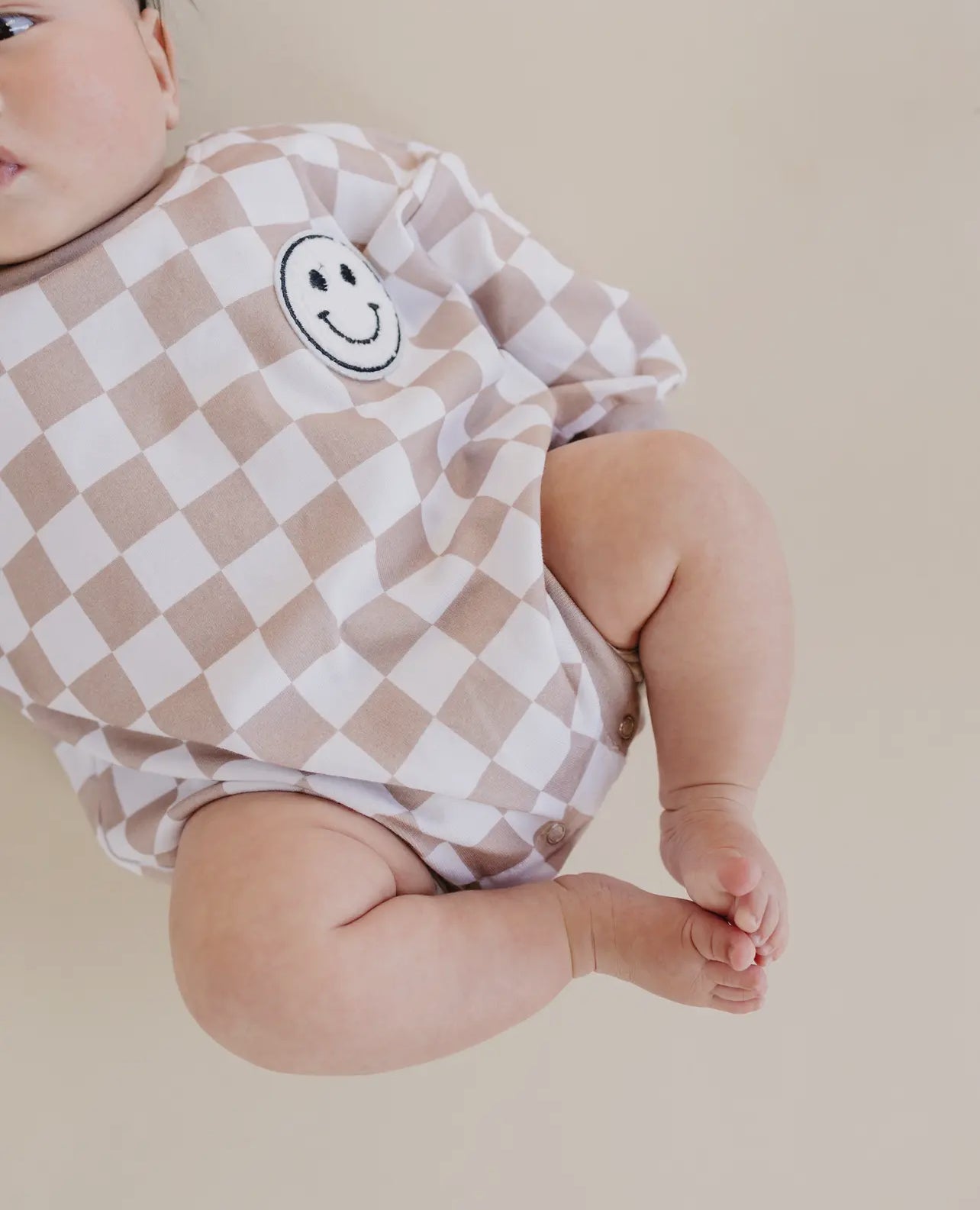 Baby Unisex Checkered Smiley Latte Long Sleeve Bubble Romper