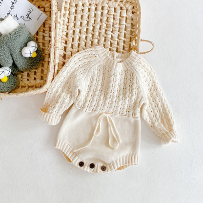 Baby Girl Knit Long-Sleeve Dress with Hollow Waist Detail