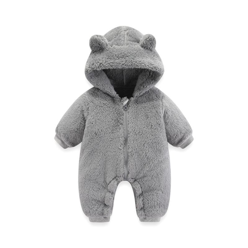 Baby Coral Fleece Hooded Romper | Warm Zip-Up Onesie for Newborns & Infants