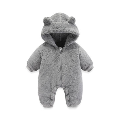 Baby Coral Fleece Hooded Romper | Warm Zip-Up Onesie for Newborns & Infants