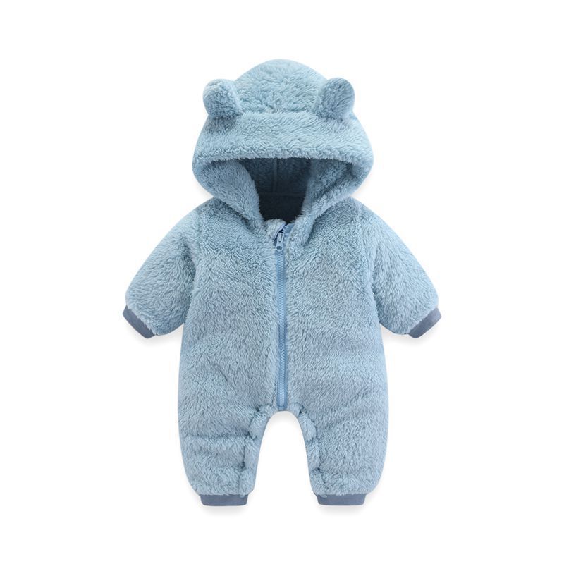 Baby Coral Fleece Hooded Romper | Warm Zip-Up Onesie for Newborns & Infants