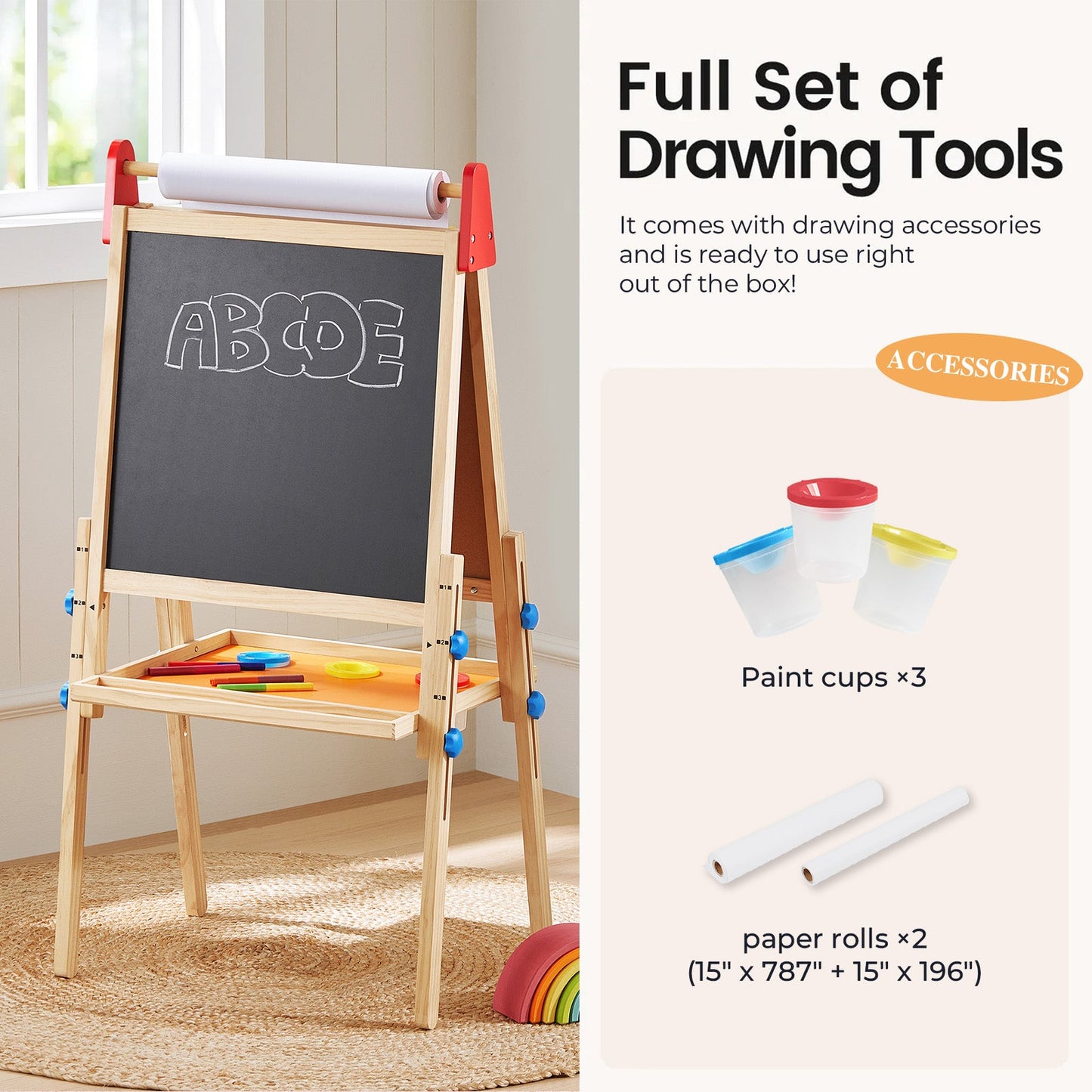 Tiny Land® 3-in-1 Kids Art Easel – Double-Sided Chalkboard & Magnetic Whiteboard with 2 Paper Rolls