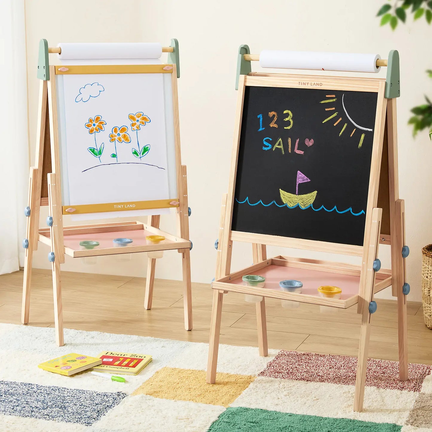 Tiny Land® 3-in-1 Kids Art Easel – Double-Sided Chalkboard & Magnetic Whiteboard with 2 Paper Rolls