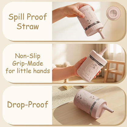 Toddler Cups Spill Proof, 8 OZ Stainless Steel Sippy Cups for Kids | Tumbler with Lid, Removable Silicone Straw & Sleeve, BPA Free Dishwasher Safe Girls Boys Water Bottle Snack Container
