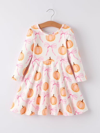 Girls Pumpkin & Bow Print Long Sleeve Twirl Dress | Fall & Halloween