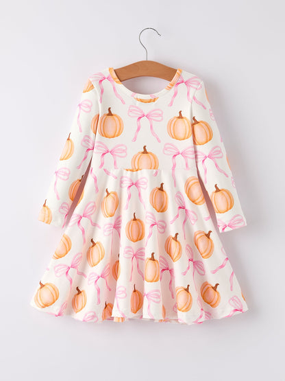 Girls Pumpkin & Bow Print Long Sleeve Twirl Dress | Fall & Halloween