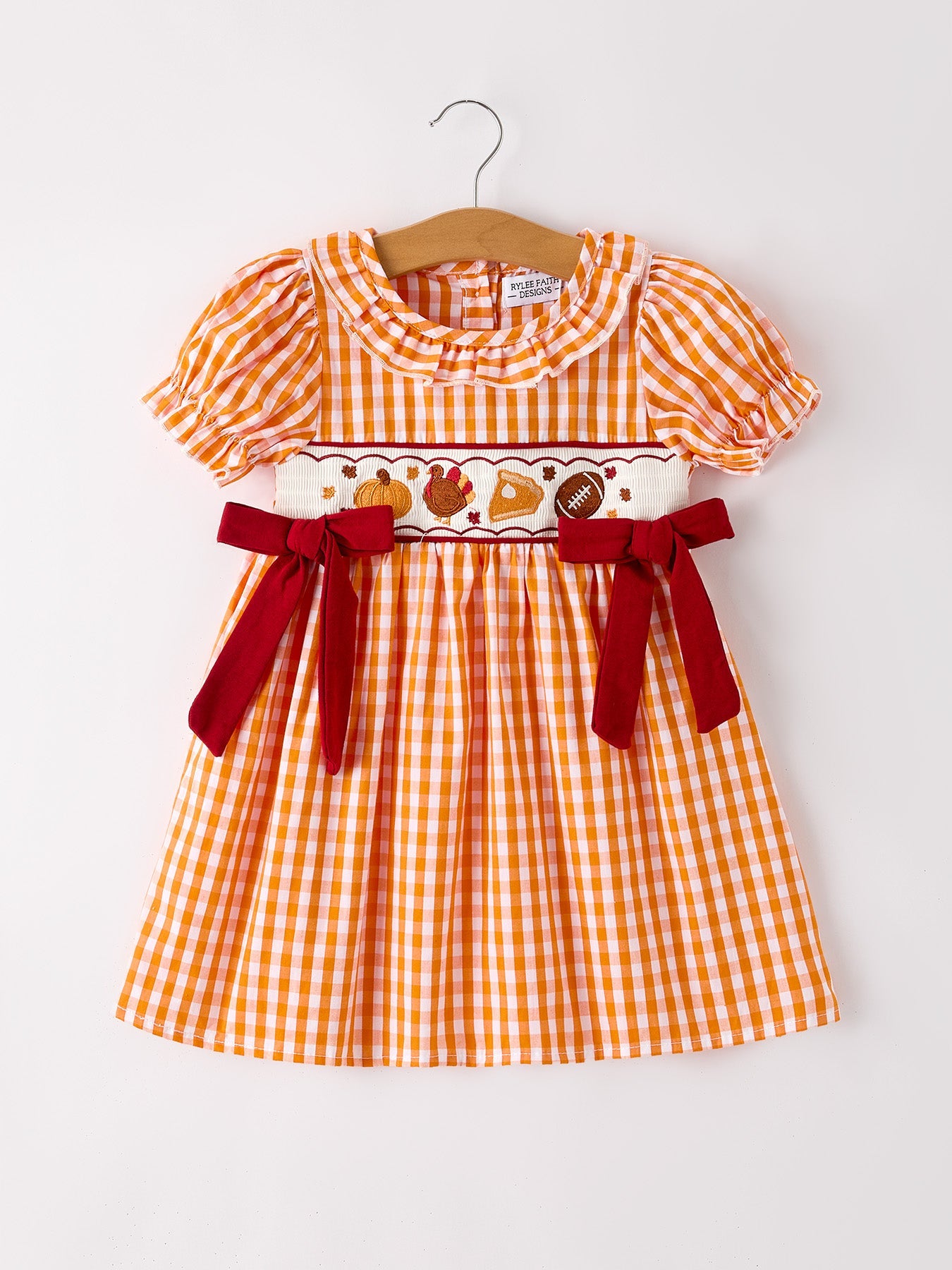 Girls Thanksgiving Smocked Embroidered Dress | Orange Gingham with Red Bows