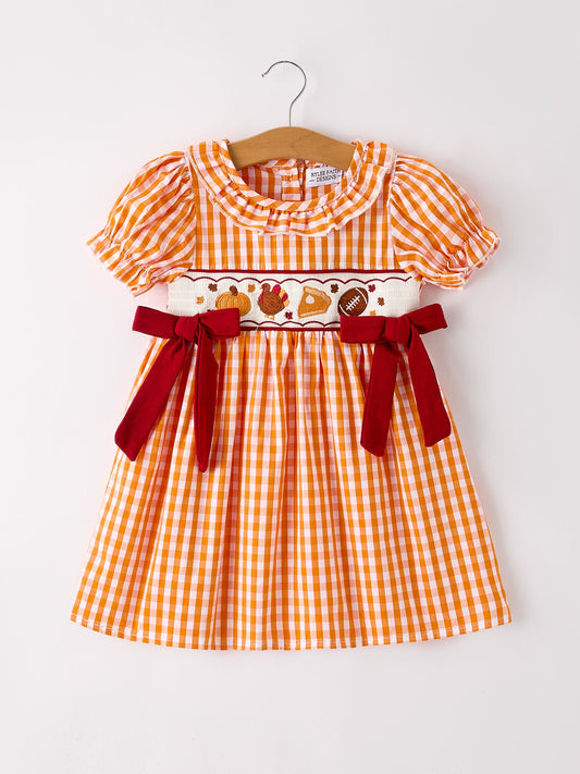 Girls Thanksgiving Smocked Embroidered Dress | Orange Gingham with Red Bows