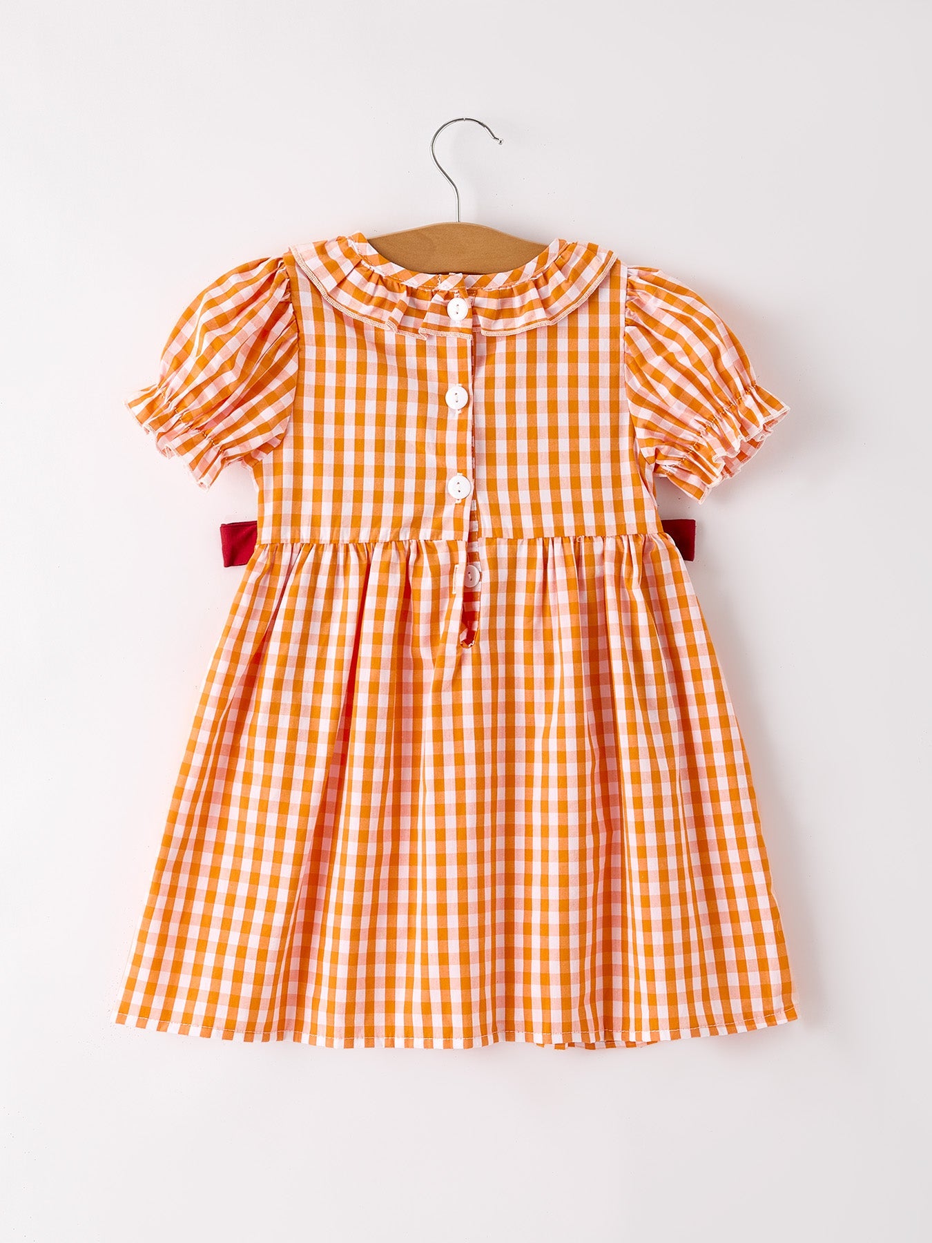 Girls Thanksgiving Smocked Embroidered Dress | Orange Gingham with Red Bows
