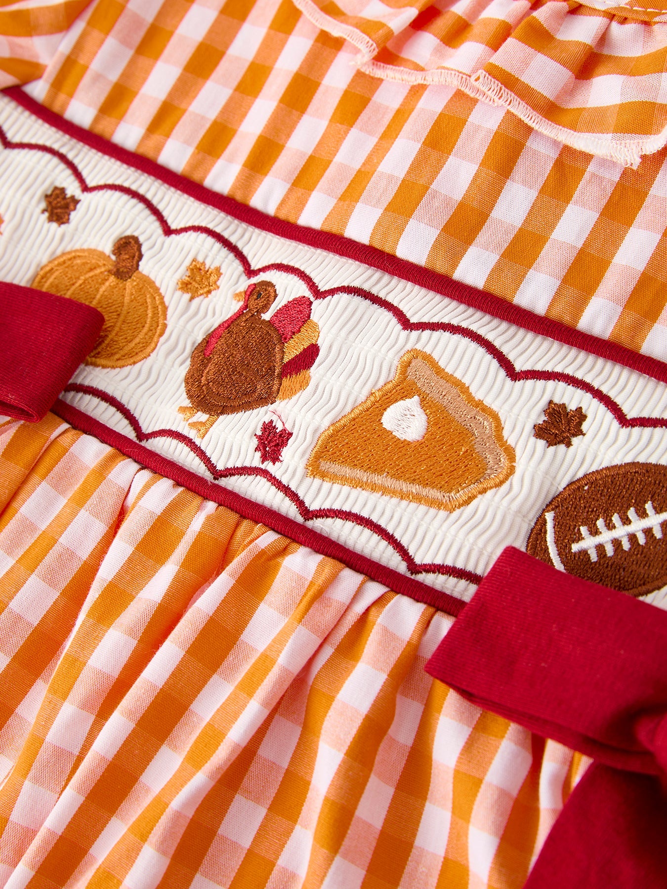 Girls Thanksgiving Smocked Embroidered Dress | Orange Gingham with Red Bows