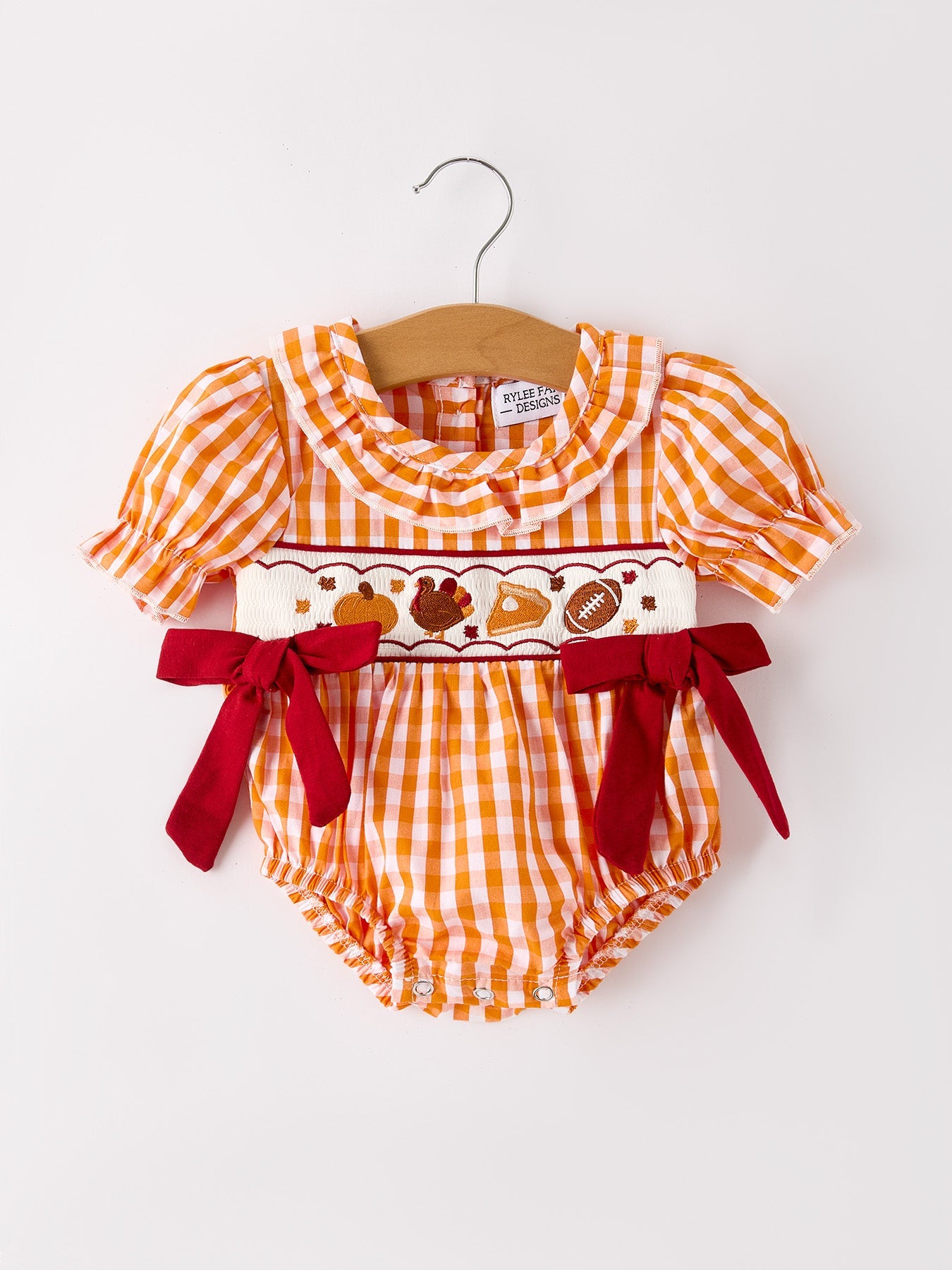 Baby Girls Thanksgiving Smocked Embroidered Romper | Orange Gingham