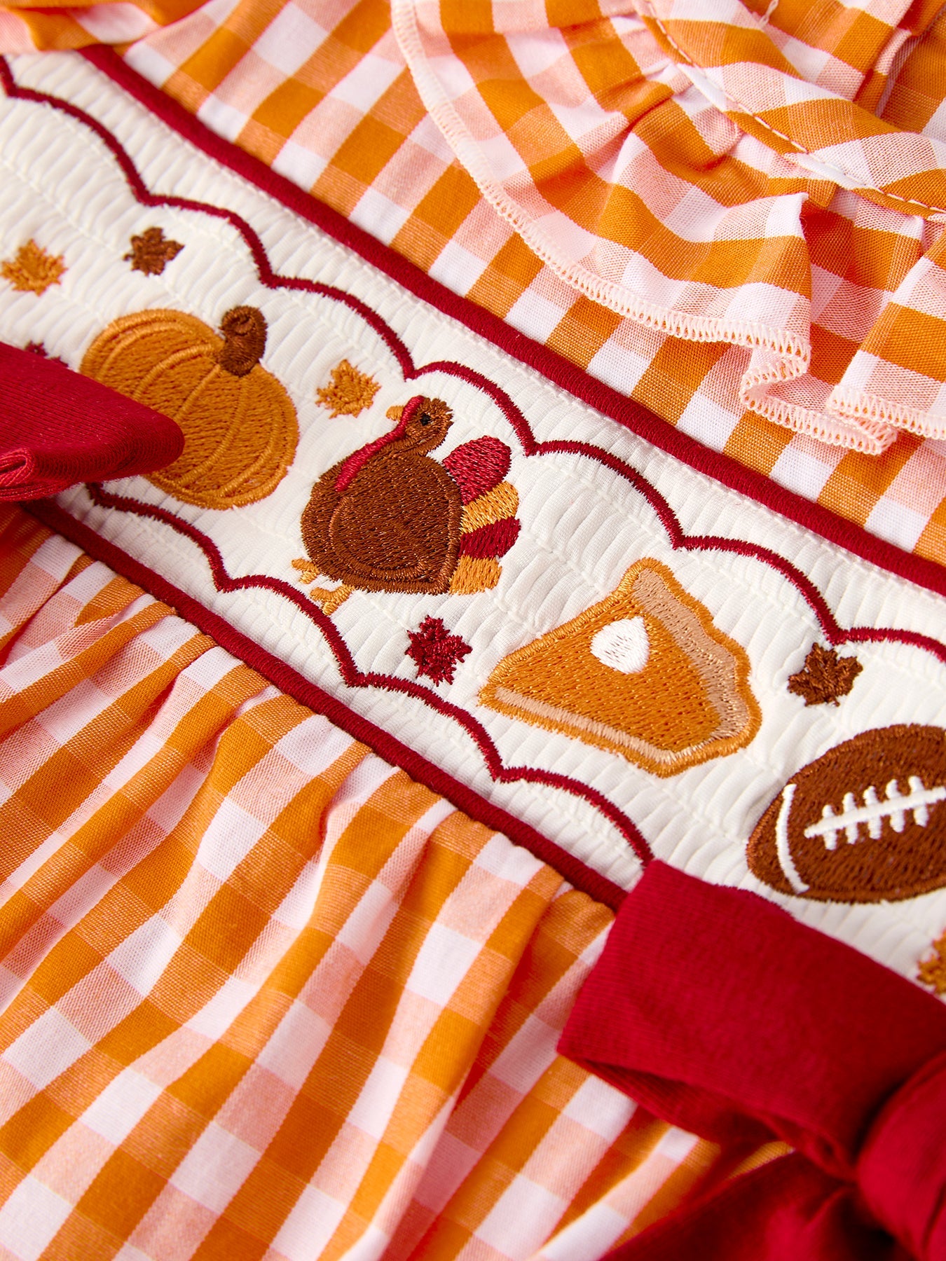 Baby Girls Thanksgiving Smocked Embroidered Romper | Orange Gingham