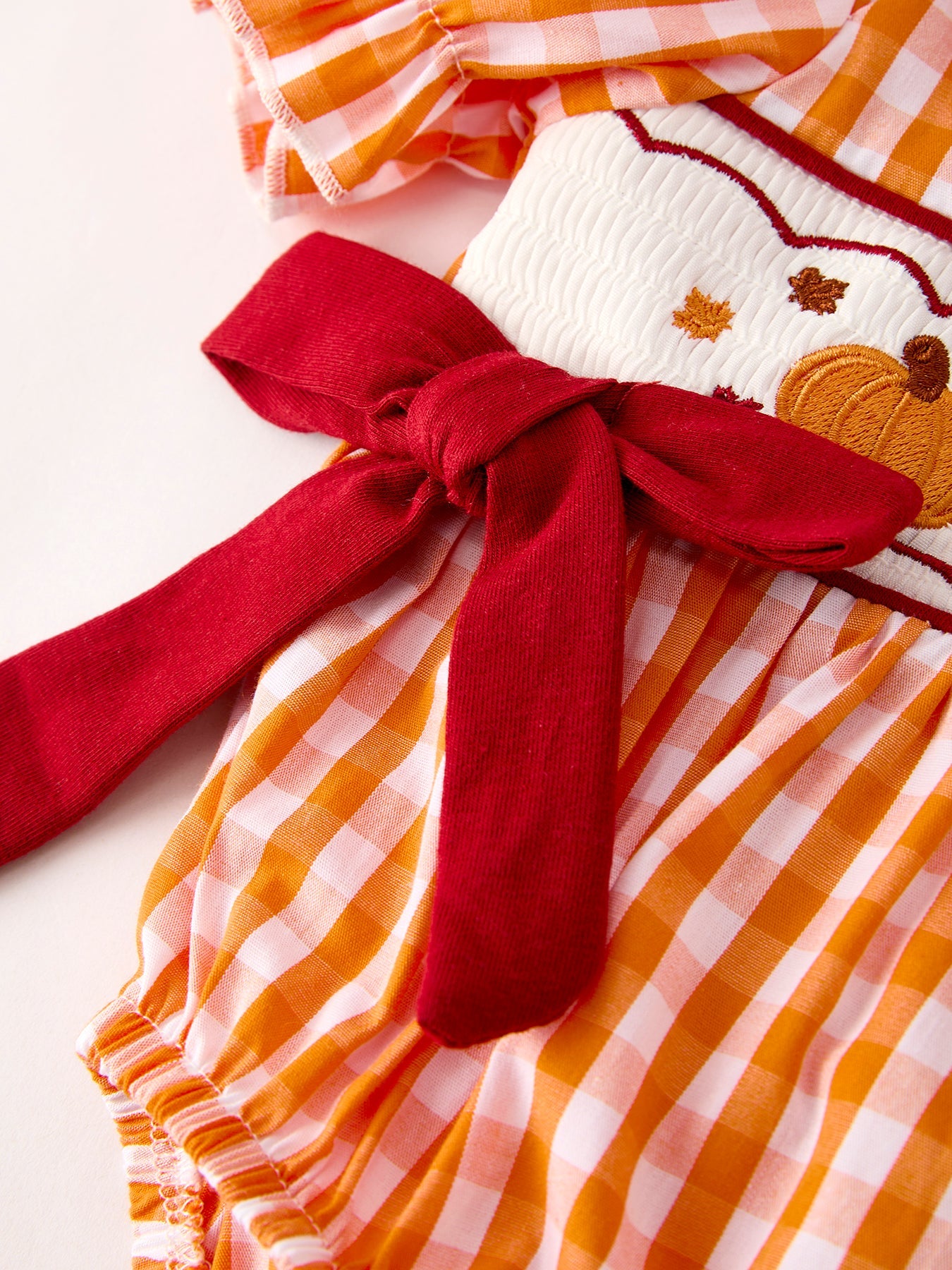 Baby Girls Thanksgiving Smocked Embroidered Romper | Orange Gingham