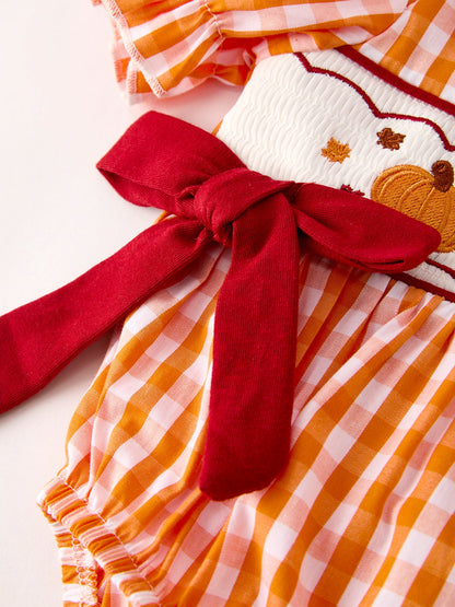 Baby Girls Thanksgiving Smocked Embroidered Romper | Orange Gingham