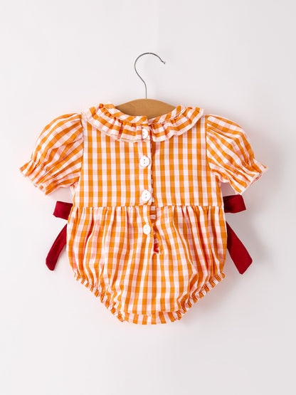 Baby Girls Thanksgiving Smocked Embroidered Romper | Orange Gingham