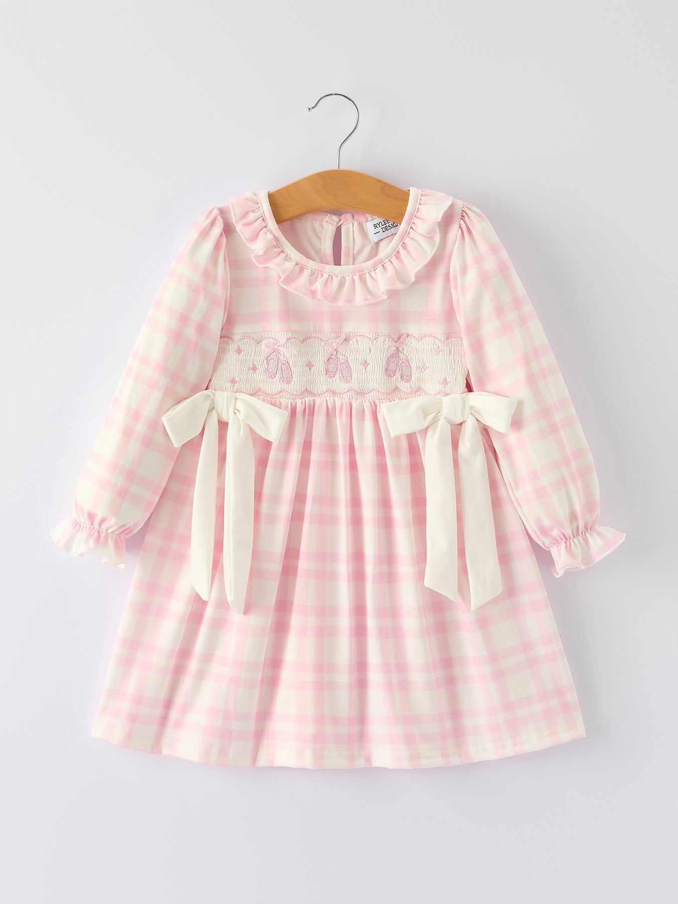 Girls Pink Plaid Ballet Shoe Embroidered Ruffle Dress | Long Sleeve