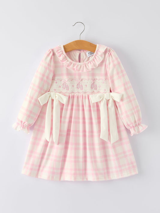 Girls Pink Plaid Ballet Shoe Embroidered Ruffle Dress | Long Sleeve