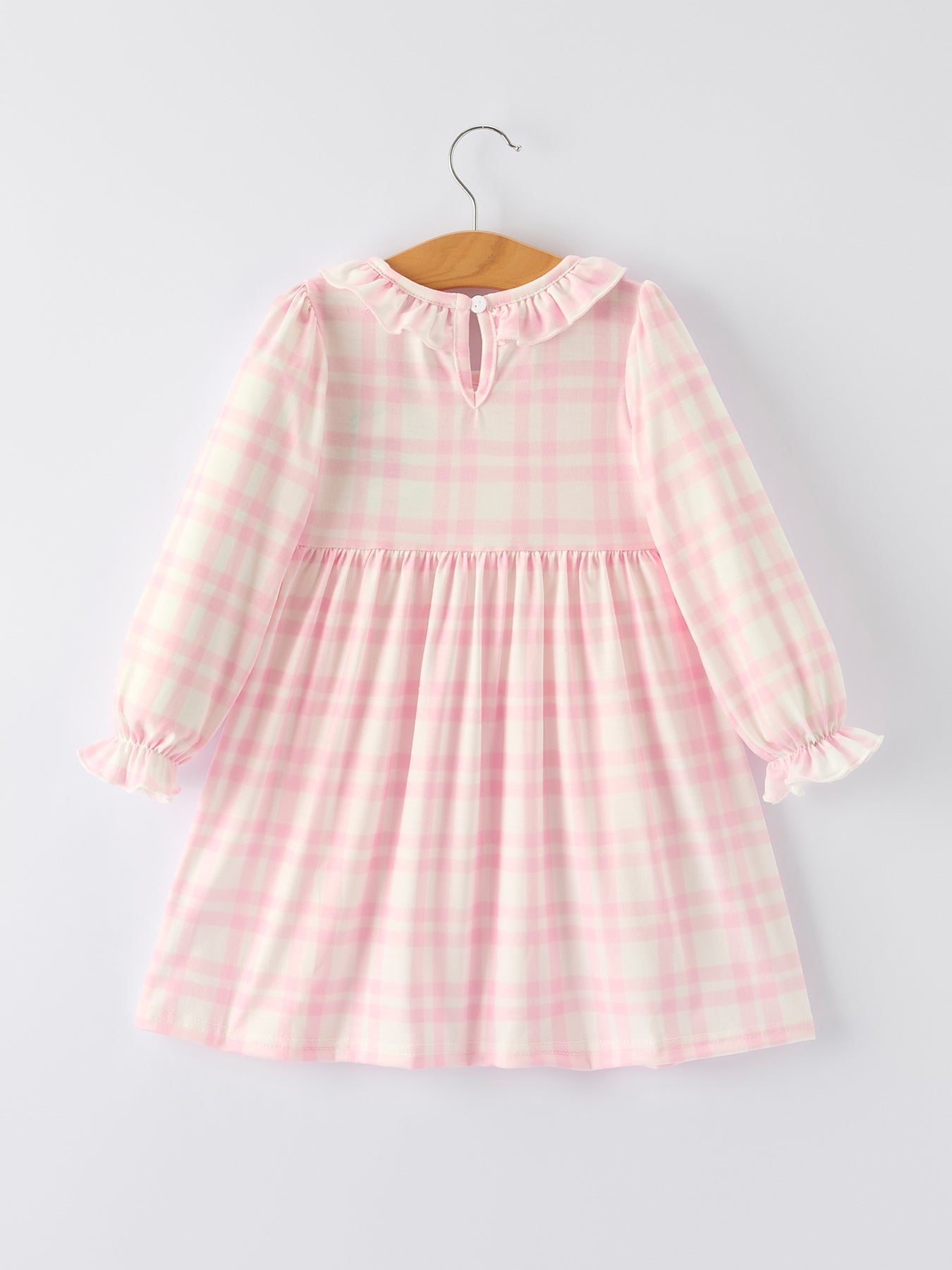 Girls Pink Plaid Ballet Shoe Embroidered Ruffle Dress | Long Sleeve