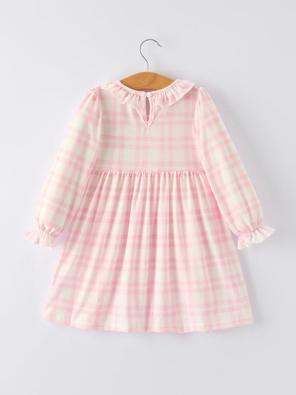 Girls Pink Plaid Ballet Shoe Embroidered Ruffle Dress | Long Sleeve
