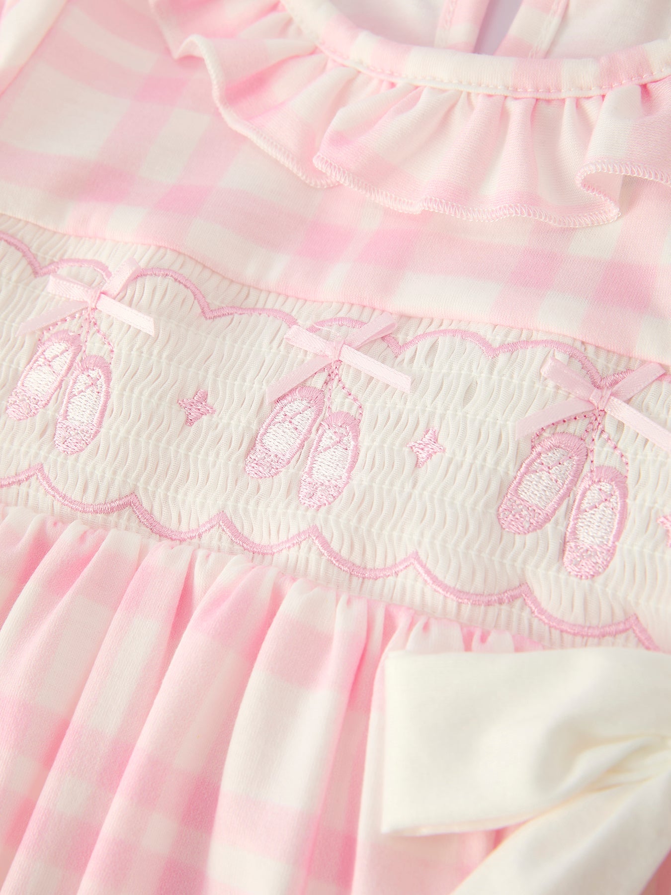 Girls Pink Plaid Ballet Shoe Embroidered Ruffle Dress | Long Sleeve