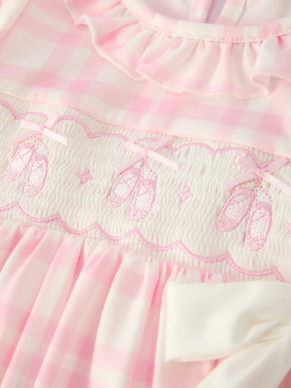 Girls Pink Plaid Ballet Shoe Embroidered Ruffle Dress | Long Sleeve