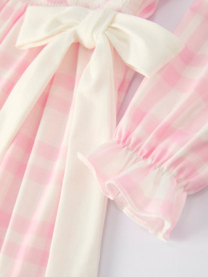 Girls Pink Plaid Ballet Shoe Embroidered Ruffle Dress | Long Sleeve