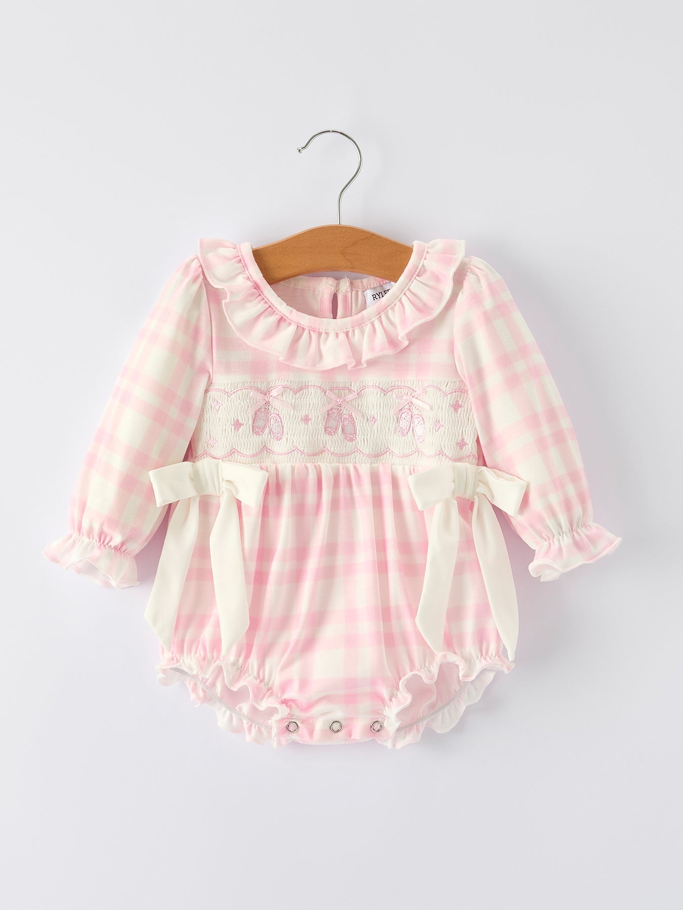 Baby Girls Pink Plaid Ballet Shoe Embroidered Ruffle Romper | Long Sleeve