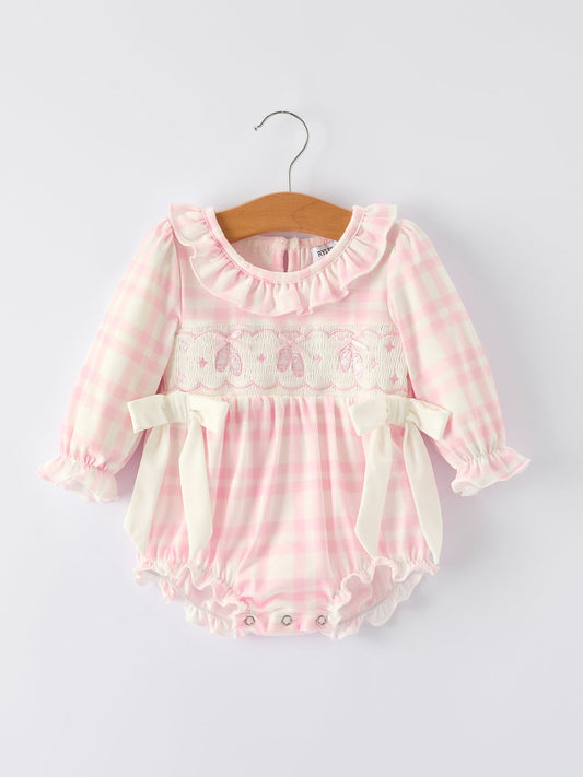 Baby Girls Pink Plaid Ballet Shoe Embroidered Ruffle Romper | Long Sleeve
