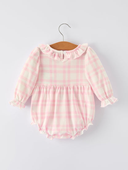 Baby Girls Pink Plaid Ballet Shoe Embroidered Ruffle Romper | Long Sleeve