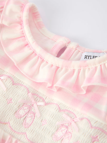 Baby Girls Pink Plaid Ballet Shoe Embroidered Ruffle Romper | Long Sleeve