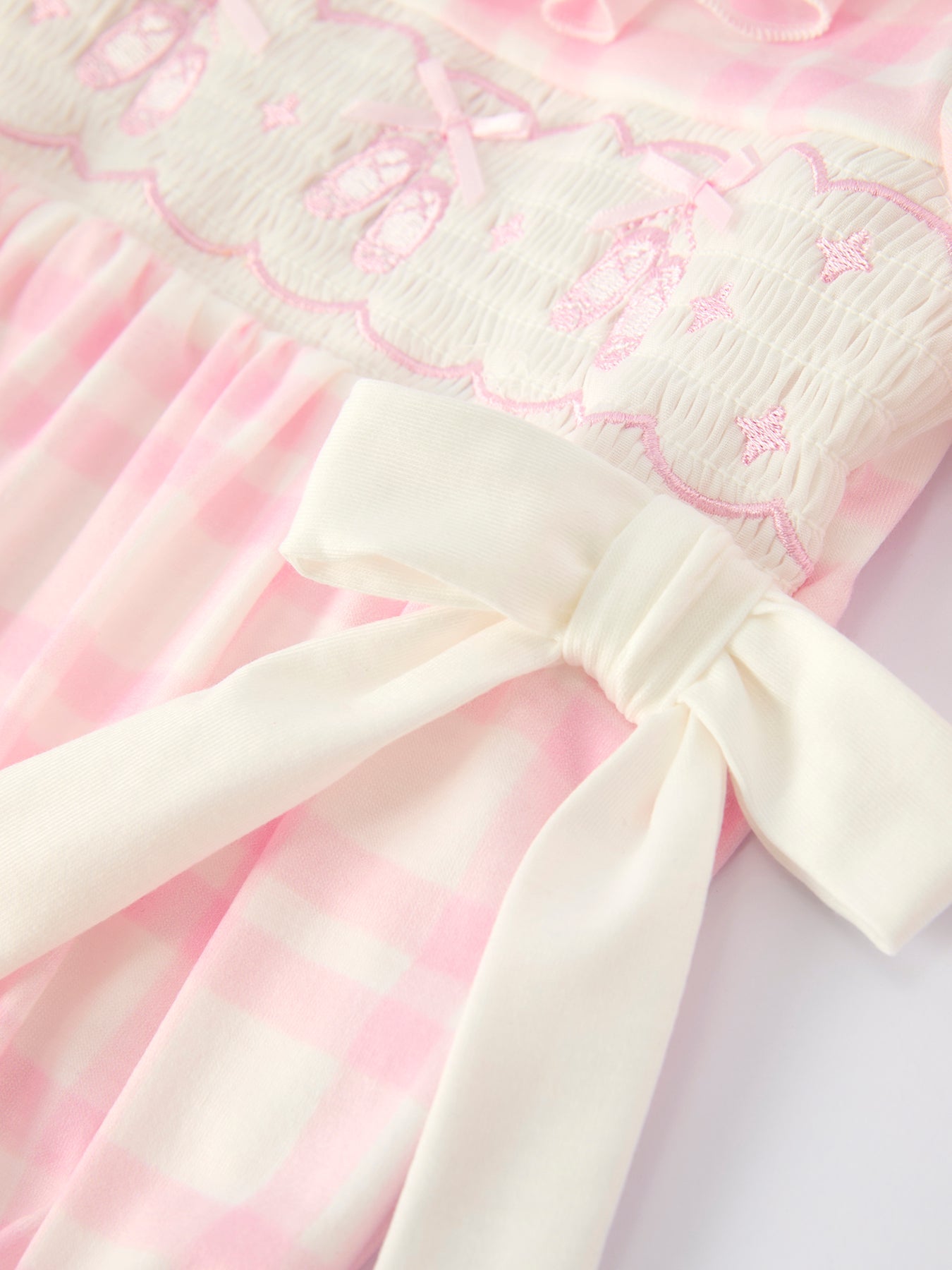 Baby Girls Pink Plaid Ballet Shoe Embroidered Ruffle Romper | Long Sleeve