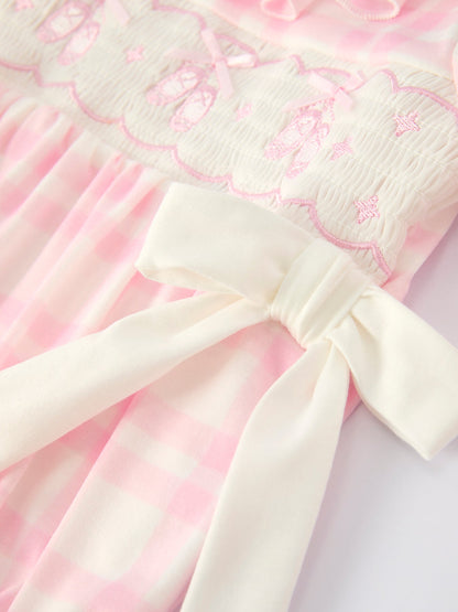 Baby Girls Pink Plaid Ballet Shoe Embroidered Ruffle Romper | Long Sleeve